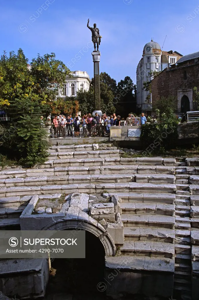 Roman Stadium, small amphitheatre, and Philip II statue, Plovdiv, Bulgaria