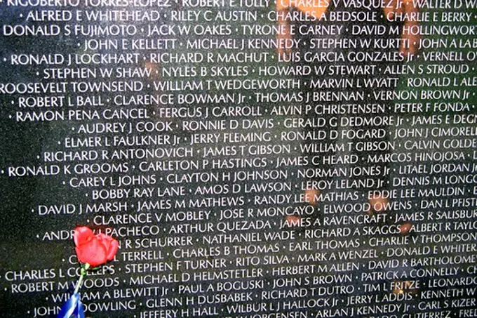 Inscriptions of deceased servicemen engraved on wall, Vietnam Veterans Memorial, Washington, DC, USA