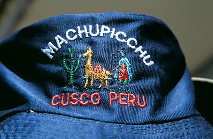 Colourful blue hat on a stall in the market, Cusco, Peru