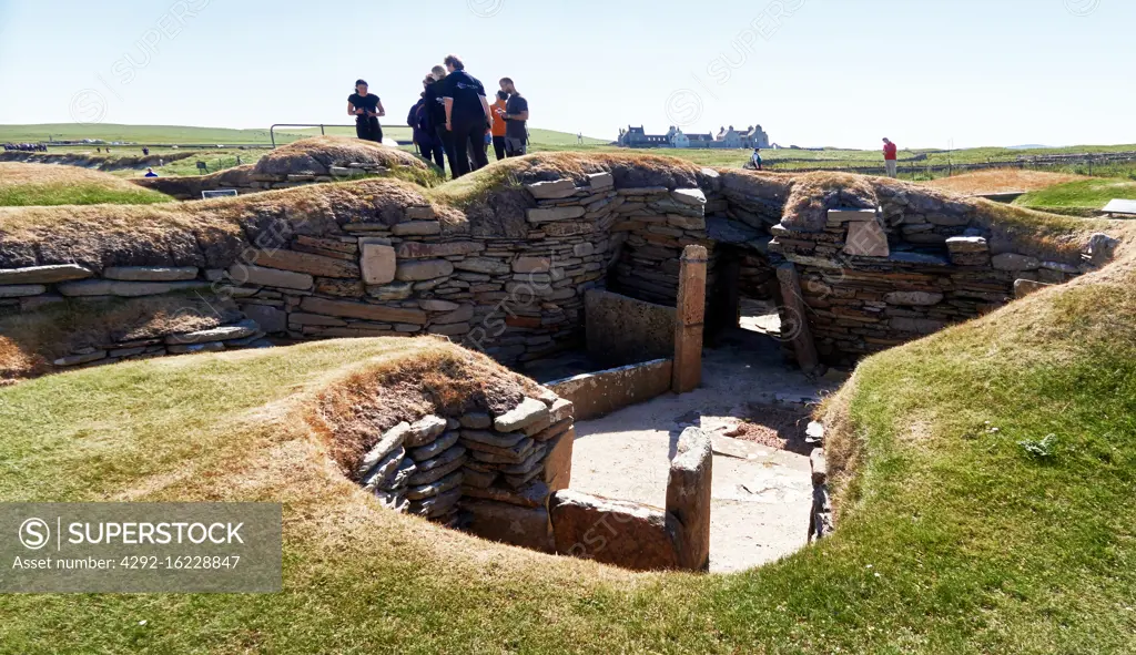 UK, Scotland, Orkney Islands is an archipelago in the Northern Isles of Scotland, , Atlantic Ocean, Skara Brae, a Neolithic settlement located in the Mainland Orkney. In this prehistoric village, one of the best preserved groups of prehistoric houses in Western Europe, people can see the way of life of 5,000 years ago, before Stonehenge was built.