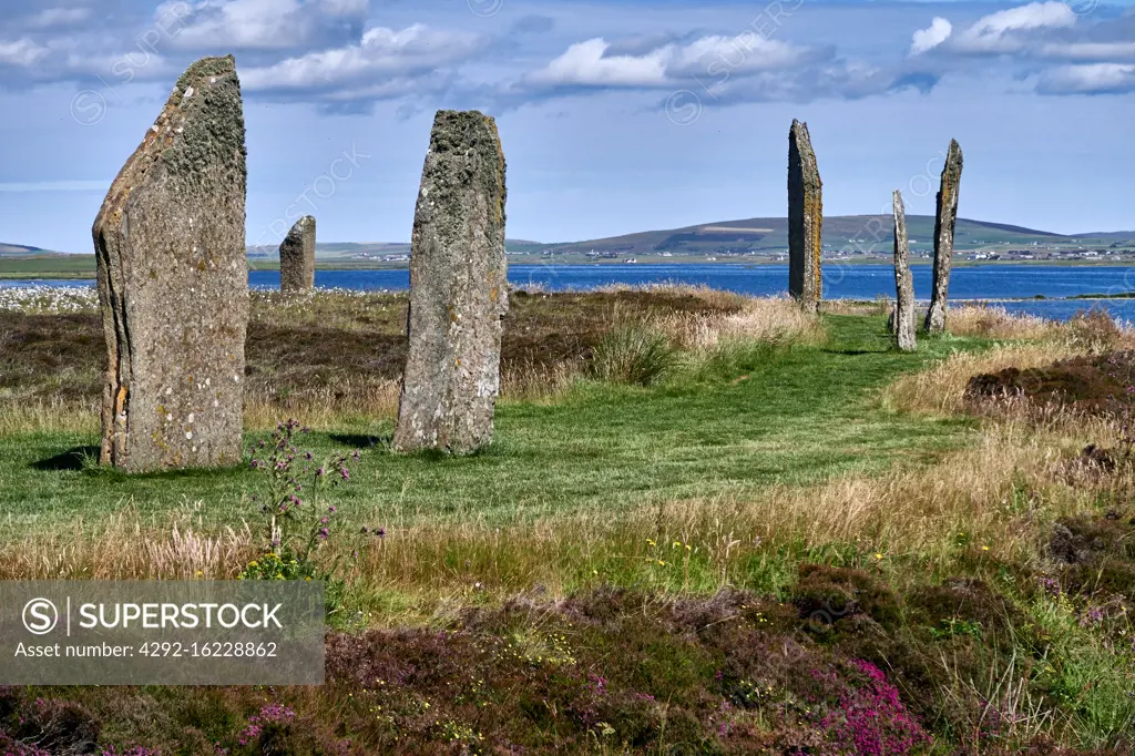 UK, Scotland, Orkney Islands is an archipelago in the Northern Isles of Scotland, , Atlantic Ocean,, he ancient standing stones of the Ring of Brodgar in the Orkney Islands off the north coast of Scotland. This monument in the heart of the Neolithic Orkney World Heritage Site is believed to have been built between 4000 and 4500 years ago. Originally built with sixty stones in a circle over 100 metres across, fewer than half of the stones still stand. The tallest of the stones is a little over 4.5 metres (15 feet) tall