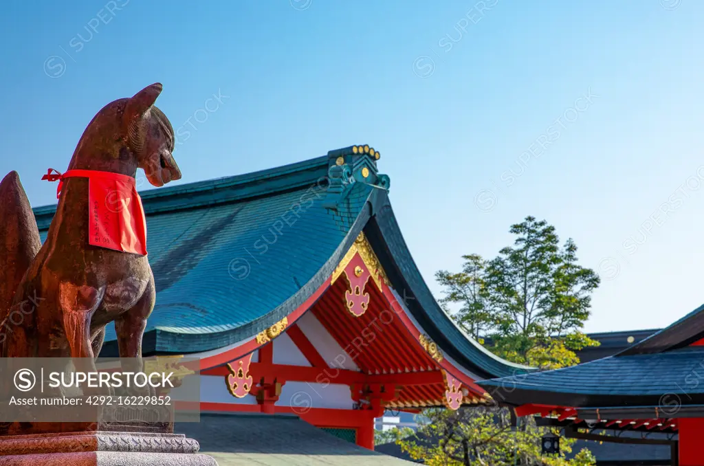 Kyoto, Japan, The sacred statue of a wolf in front of the main shrine of the Fushimi Inari Taisha temple