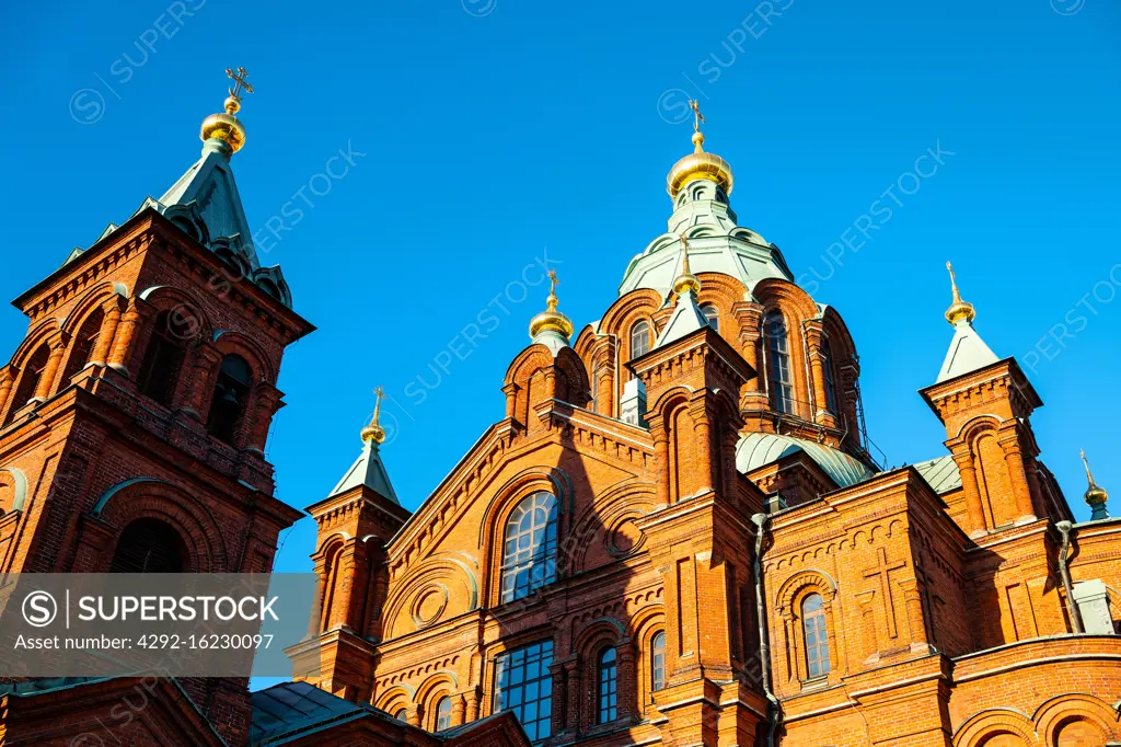 Helsinki, Finland, upward view of the Orthodox Uspenski Cathedral and bell tower