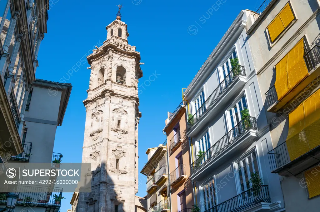 Valencia, Spain, view of the bell tower of St. Catalina church in the old town