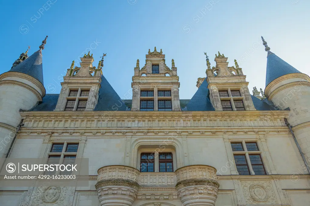 Chenonceaux, France, Upward view of the Chenonceau castle's facade