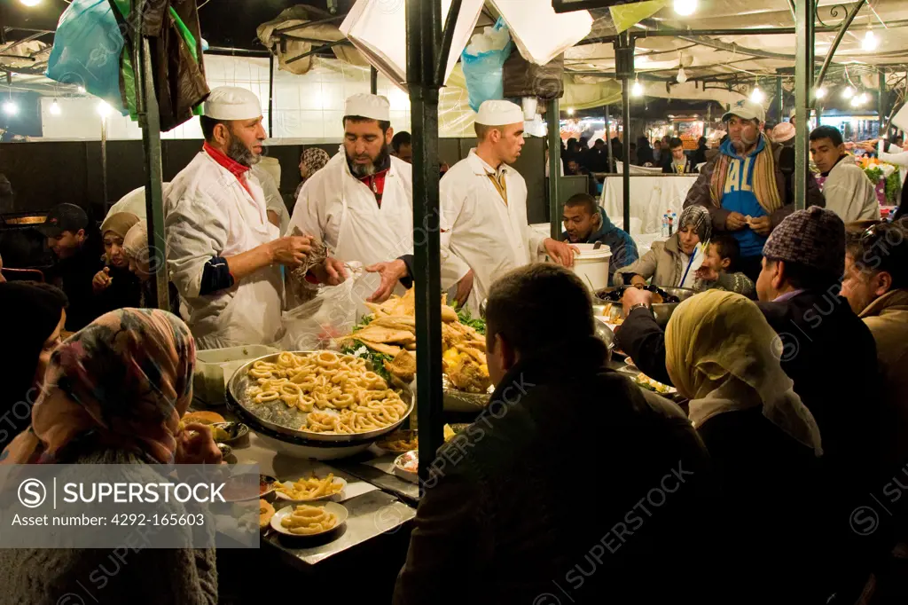 Morocco, Marrakech, Djemma el Fna town square, walking restaurants