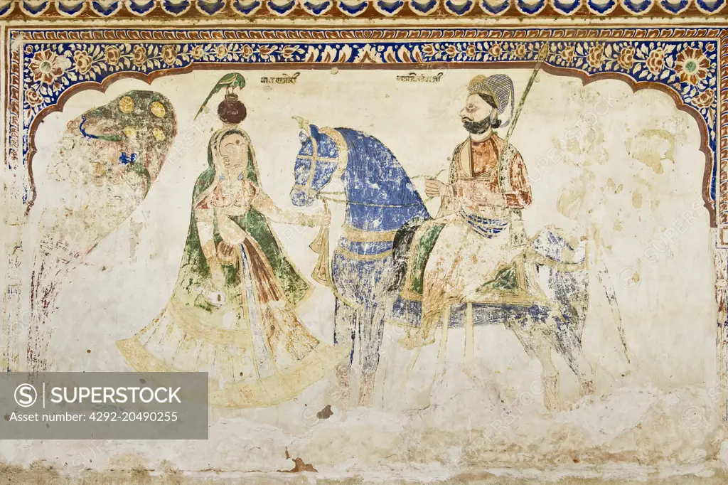 india, rajasthan, nawalgarh, local haveli, fresco