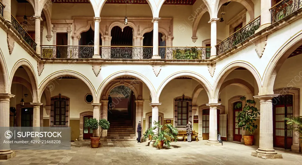 The colonial center and a typical patio  in Zacatecas city in Mexico. Unesco world heritage city.