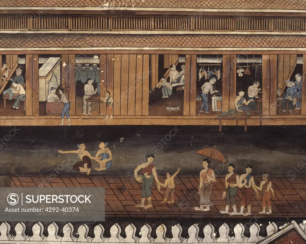 Detail of a mural painting showing bangkok shophouses and chinese vendors. Wat Thong Thammachat, Bangkok,Thailand.