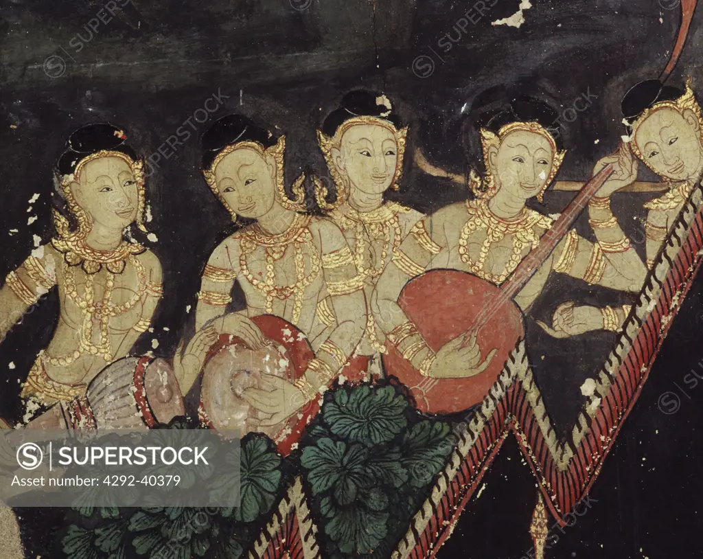 Celestial deities playing musical instruments, detail of a mural painting in the Buddhaisawan Chapel,Bangkok, Thailand.