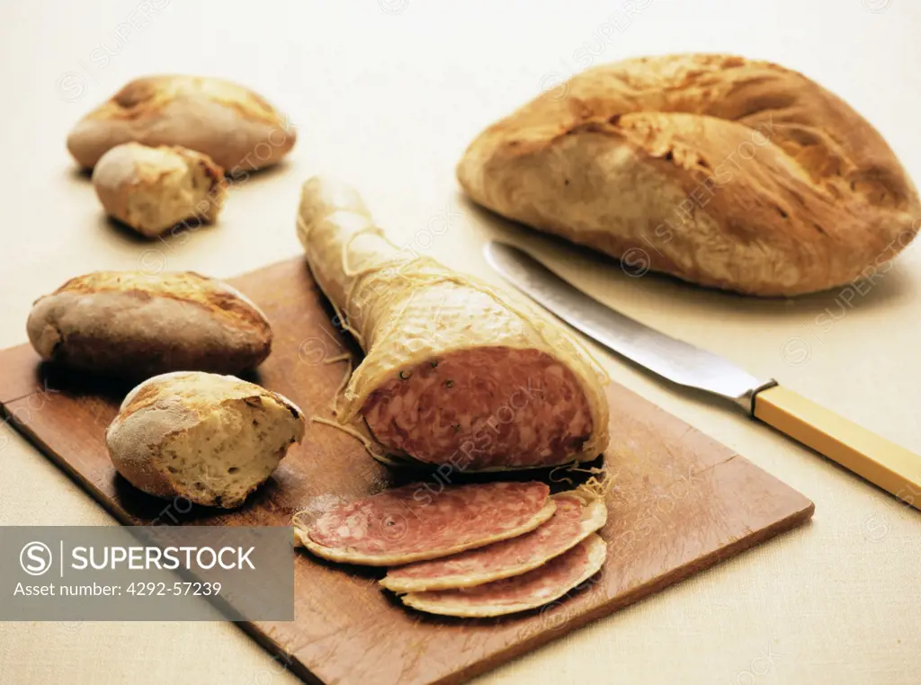 Goose salami from Mortara and bread, Lombardy, Italy