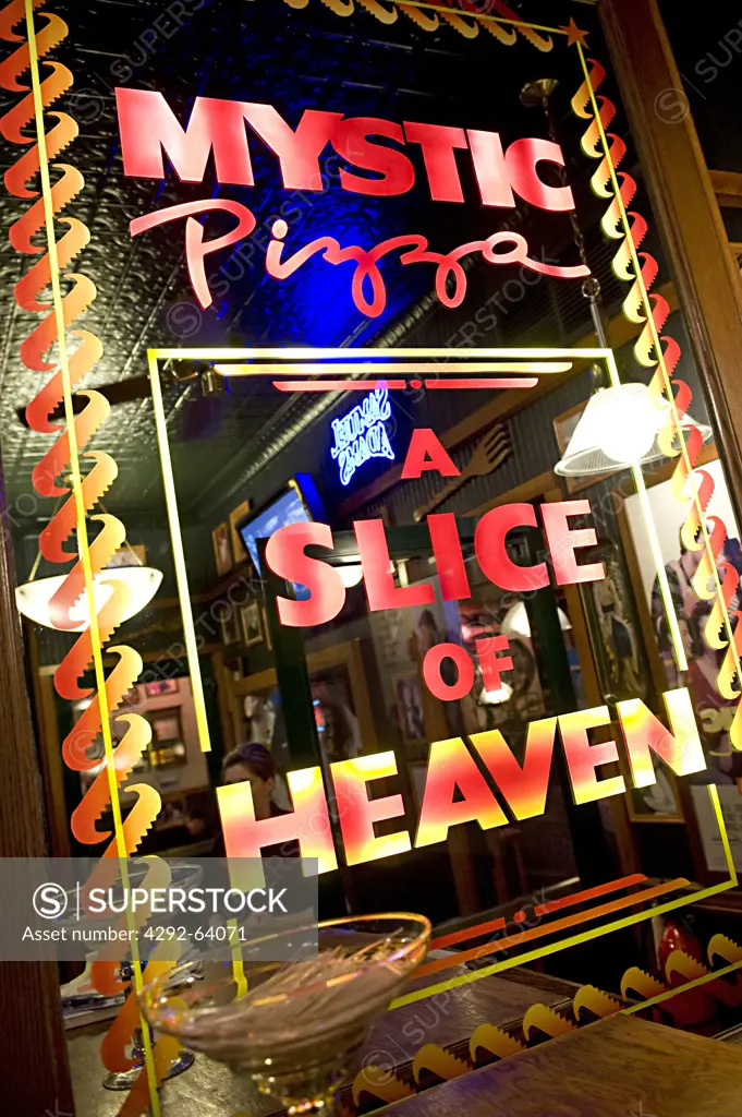 USA, Mystic, Connecticut, Mystic Pizza restaurant sign