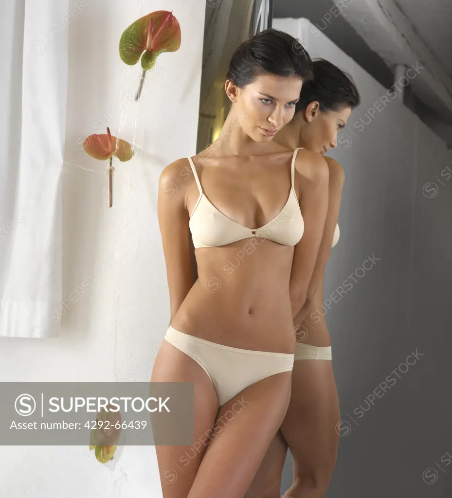 Full Length View Beautiful Slim Girl Underwear Standing Looking