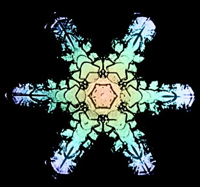 Colorized snowflake photo by Wilson Bentley circa 1902