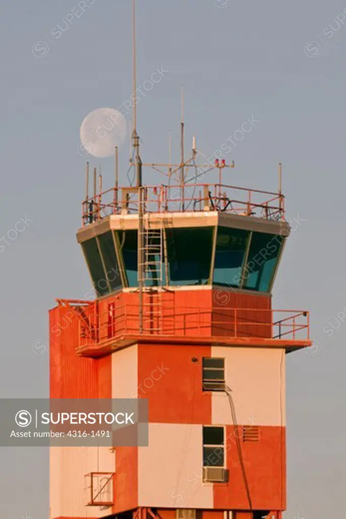 Waning Gibbous Moon Sets Behind Air Traffic Control Tower at Marine Corps Air Station Yuma