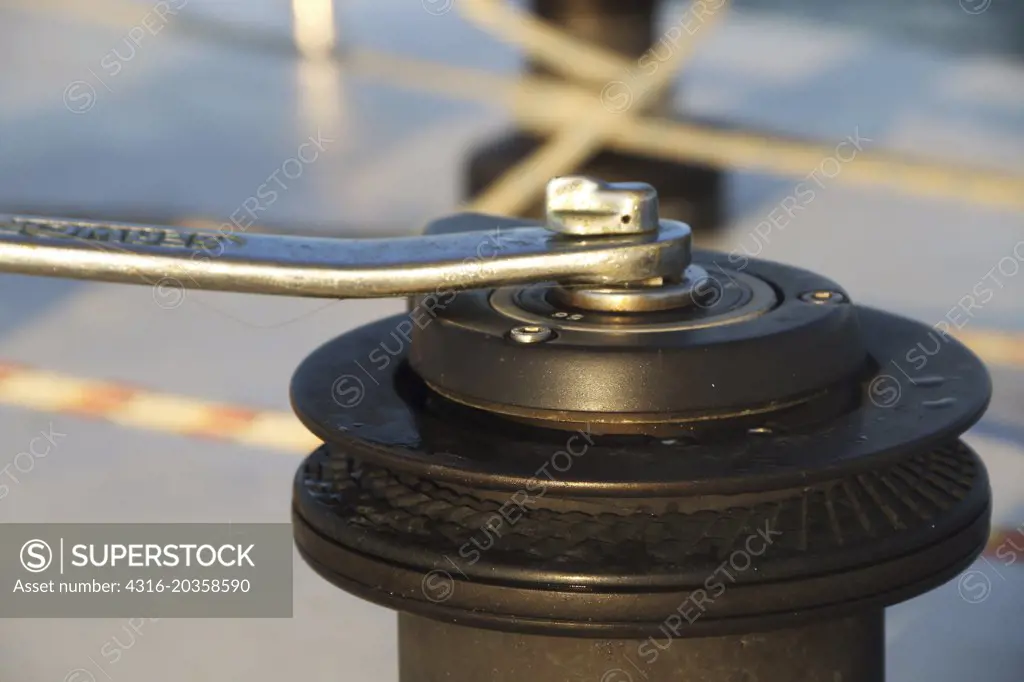 Line around a self-tailing winch on a racing yacht, South China Sea