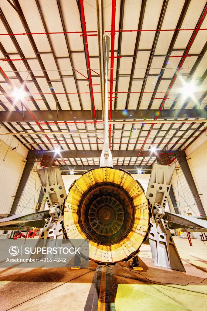 F-16 Alert Jet in Hangar, Loaded with Live Weapons, Rear View, High Dynamic Range, or HDR Image