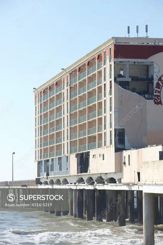 USS Flagship Hotel on a Pleasure Pier destroyed by Hurricane Ike in September 2008, Galveston, Galveston Island, Galveston County, Texas, USA