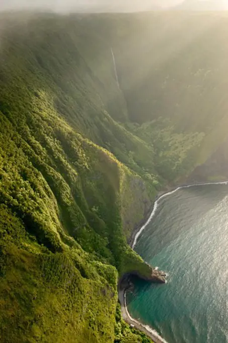 Late Afternoon Aerial View of the Sea Cliffs of the North Shore of the Hawaiian Island of Molokai, the Highest Sea Cliffs in the World