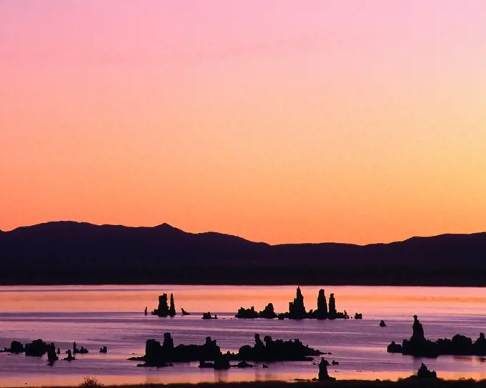 Brilliant Dawn Light Silhouettes Mono Lake's Exposed Tufa Towers