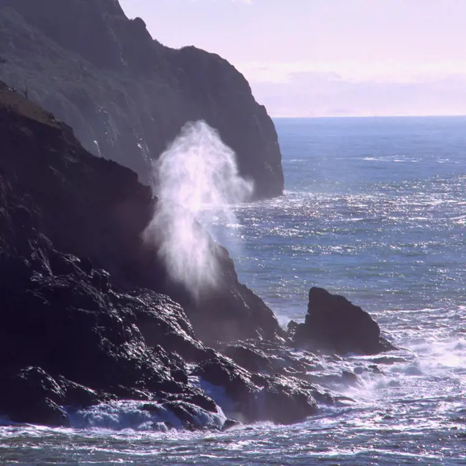 Mist of a Breaking Wave Funneled Through a Vertical Fissure