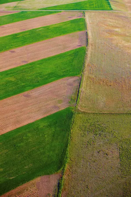 An aerial view of patchwork of fields, on the plains of eastern Colorado.