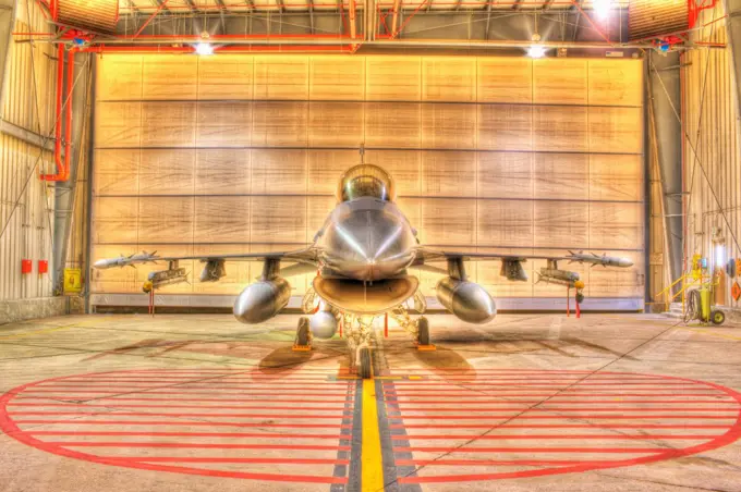 F-16 Alert Jet in Hangar, Loaded with Live Weapons, High Dynamic Range, or HDR Image