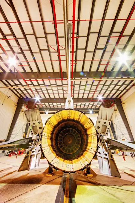 F-16 Alert Jet in Hangar, Loaded with Live Weapons, Rear View, High Dynamic Range, or HDR Image