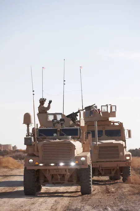 United States Marine Corps MRAP or Mine Resistant Ambush Protected Vehicle during a combat operation in the Helmand Province, Afghanistan