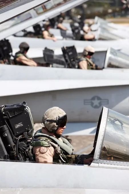 Malaysia, Kuantan Air Base, United States Marine Corps aviators in cockpits of Marine Corps F/A-18D Hornets