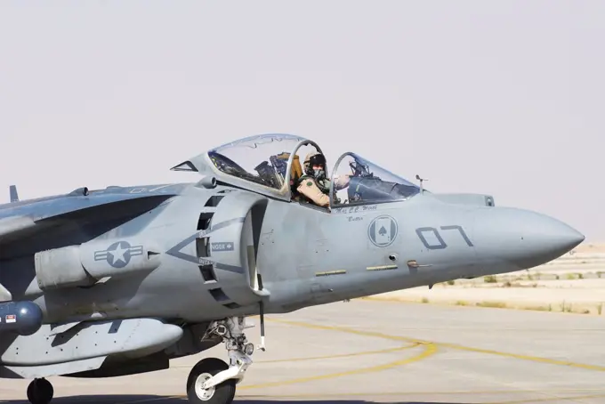 US Marine Corps aviator prepares to launch a Marine Corps AV-8B Harrier from Al Asad Air Base, Al Anbar Province, Iraq