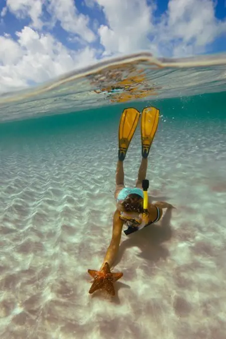 Split View of Snorkeler With Starfish and the Sky