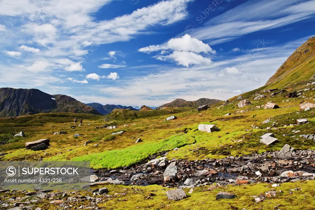 Two hikers enjoy a rare summers sunny day outside Juneau, Alaska. The damp and grassy bench on the mountain is covered with mountain goat tracks. Hiking in Juneau is as easy as walking out into the backyard. On the left is Douglas Island and then the snowy peaks of Admiralty Island.