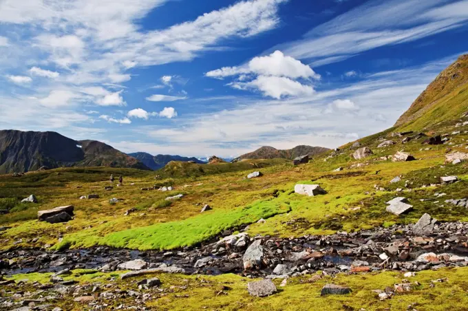 Two hikers enjoy a rare summers sunny day outside Juneau, Alaska. The damp and grassy bench on the mountain is covered with mountain goat tracks. Hiking in Juneau is as easy as walking out into the backyard. On the left is Douglas Island and then the snowy peaks of Admiralty Island.