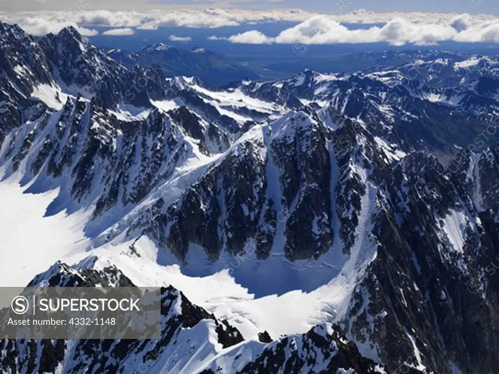 Aerial view of peaks of the Alaska Range at Little Switzerland, Denali National Park, Alaska.