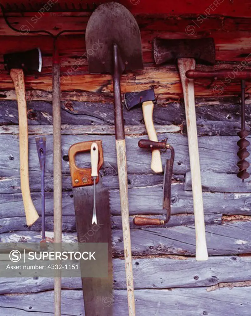 Tools hanging on side of Spike Carrithers' Cabin, near Dick Proenneke Historic Site, Upper Twin Lake, Lake Clark National Park, Alaska.