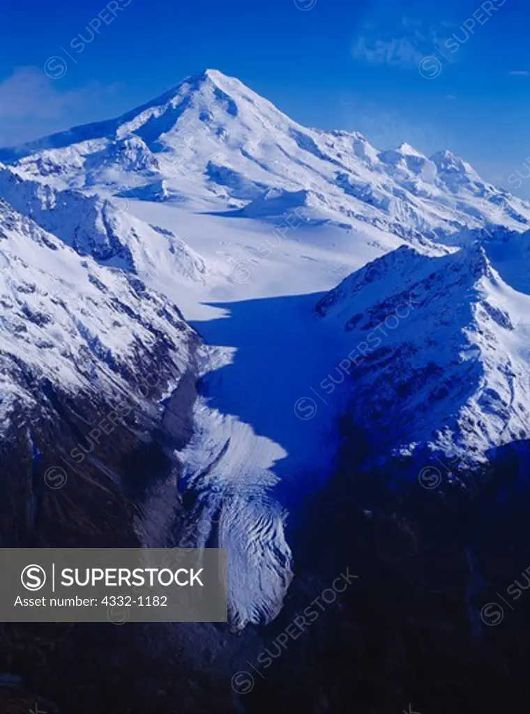 Iliamna Volcano and retreating Tongue Glacier, Lake Clark National Park, Alaska.