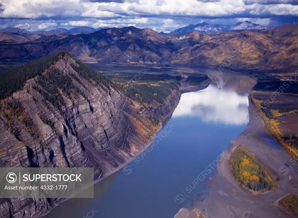 Aerial view of folded sedimentary layers of Calico Bluff, Yukon River, Yukon-Charley Rivers National Preserve, Alaska.