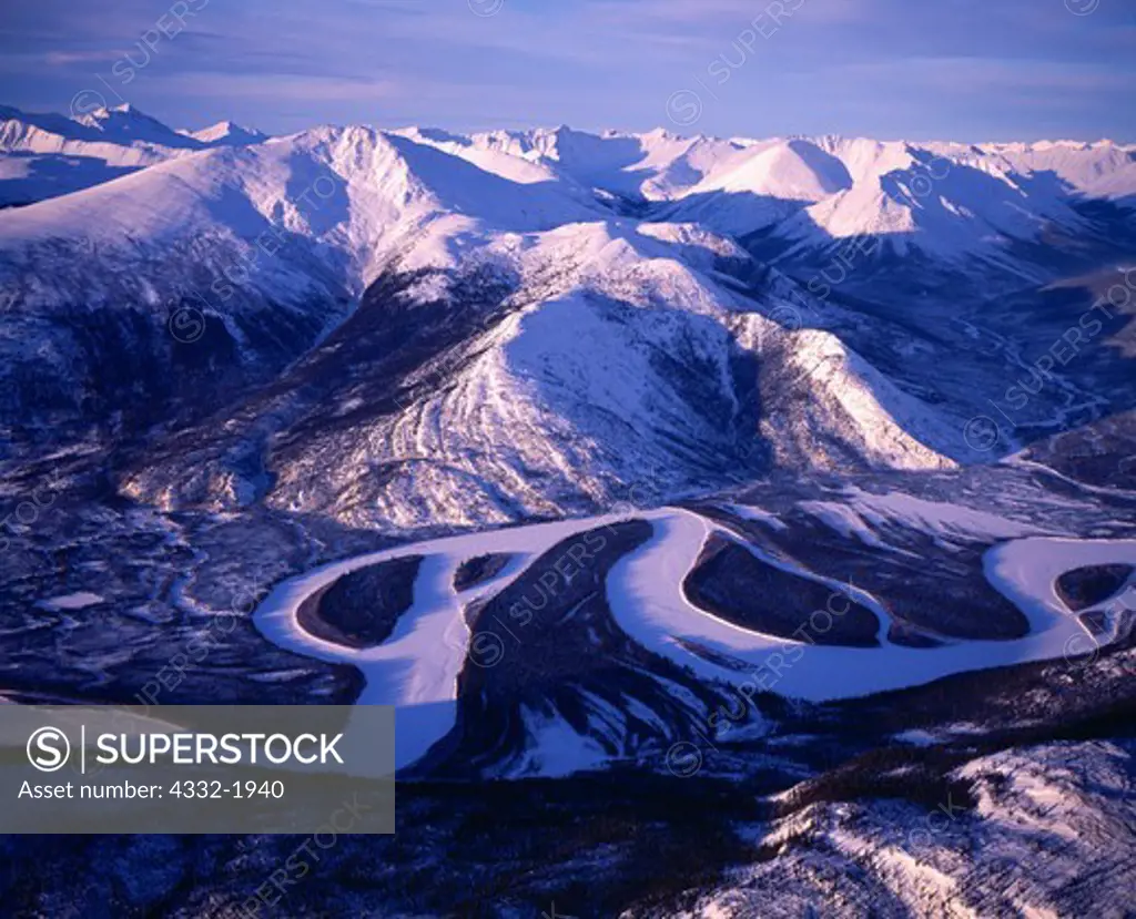 Aerial view in winter of the meandering Alatna River east of Gates of the Arctic National Park, southern Brooks Range, Alaska.