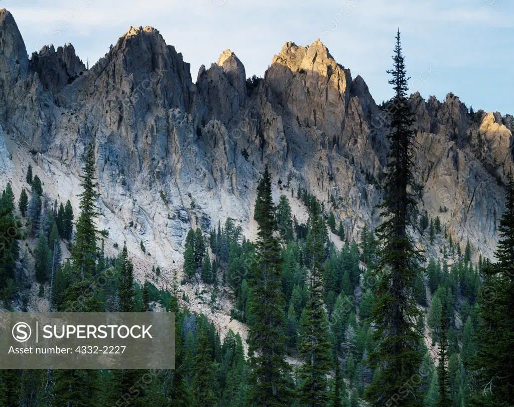 Rugged peaks of the Sawtooth Range north of Alpine Lake, Sawtooth Wilderness, Sawtooth National Forest, Idaho.