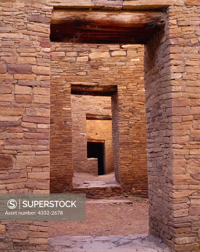 Stone masonry and doorways inside Pueblo Bonito, Chaco Culture National Historical Park, New Mexico.