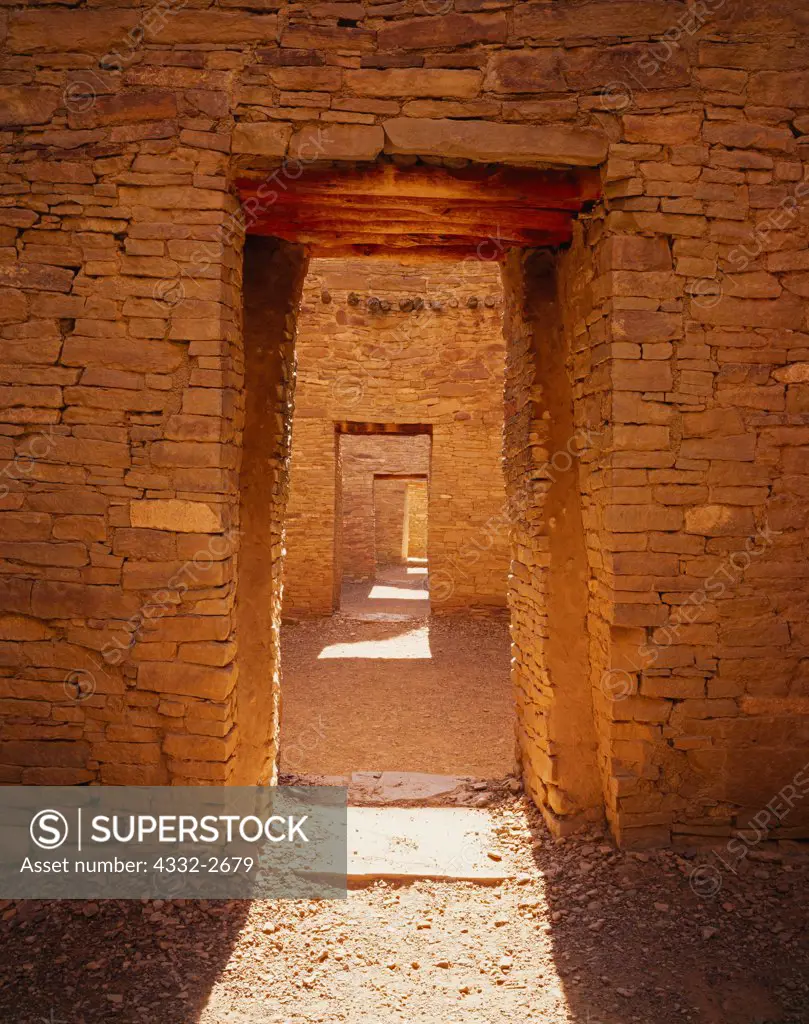 Stone masonry and doorways inside Pueblo Bonito, Chaco Culture National Historical Park, New Mexico.