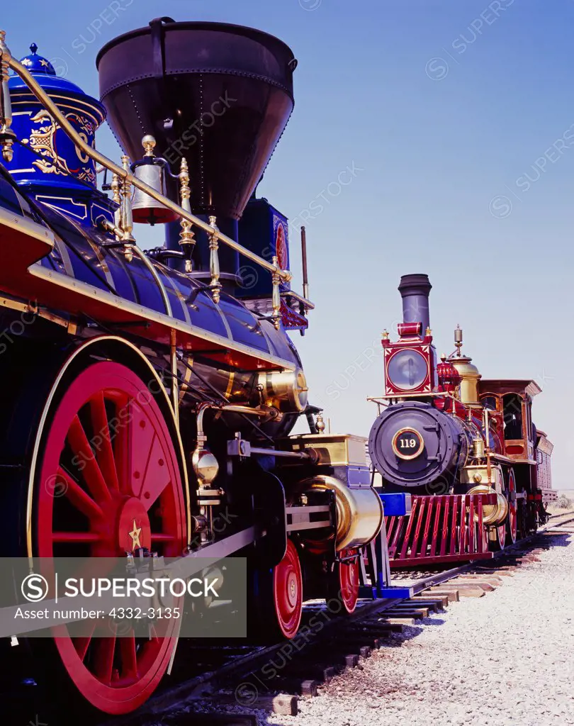 The Central Pacific steam locomotive 'Jupiter' and the Union Pacific steam locomotive # 119 at Promontory Summit, Golden Spike National Historic Site, Utah.