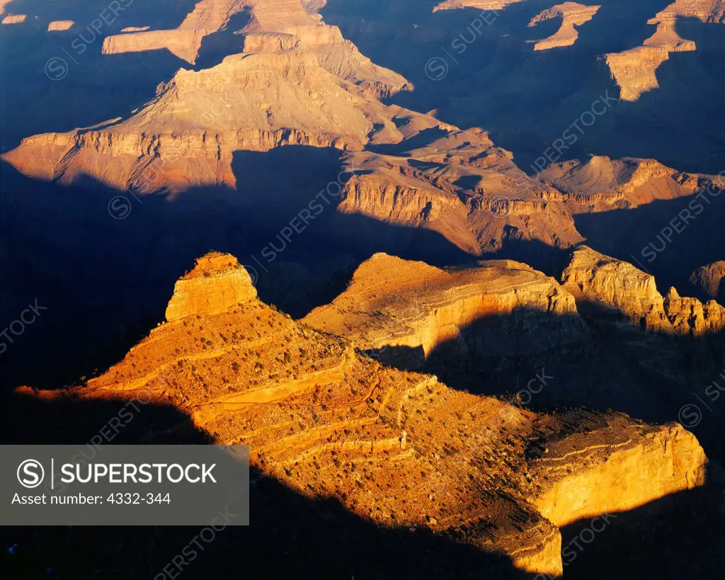 The Grand Canyon viewed from just east of Yaki Point on the South Rim, the Kaibab Trail can be seen winding around O'Neill Butte, Grand Canyon National Park, Arizona.