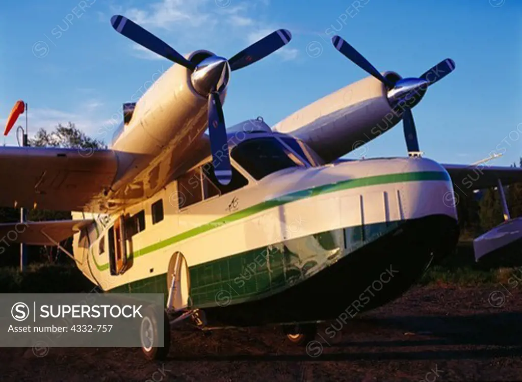 Jim Wickert and Terri and Terry Smith's Grumman Aleutian Goose, N86MT, built in July of 1944 for the U.S. Navy, then sold as surplus to the U.S. Fish and Wildlife Service in 1945.  McKinnon Turboprop conversion in 1970. Parked at Crystal Creek Lodge near Dillingham, Alaska.