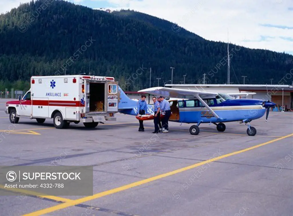 Medical Evacuation from  Wings of Alaska Cessna 207 to Juneau E.M.S. Ambulance, Juneau Airport, Southeast Alaska.