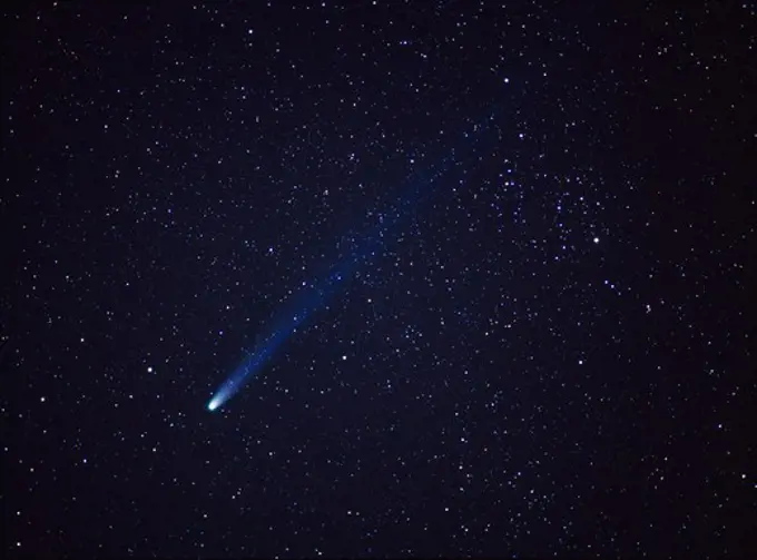 Night view of Comet Hyakutake in starry sky above the Sierra Foothills in March of 1996, Sequoia National Park, California.