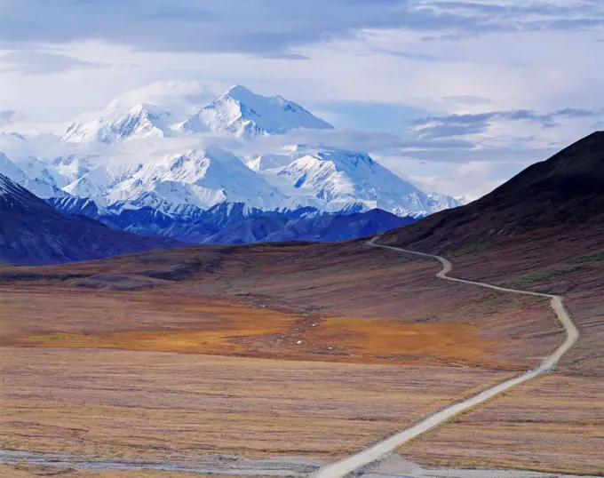 View from Stony Hill Overlook of Denali Park Road leading toward Denali or Mt. McKinley, Denali National Park, Alaska.