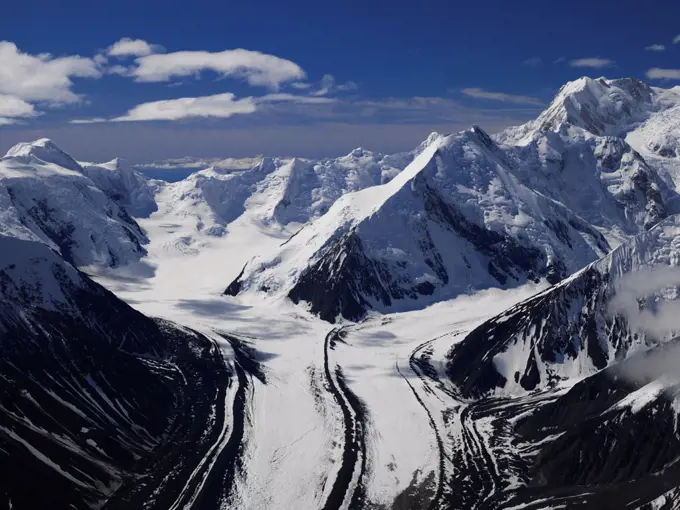 Traleika Glacier flowing north from the Alaska Range, Denali National Park, Alaska.