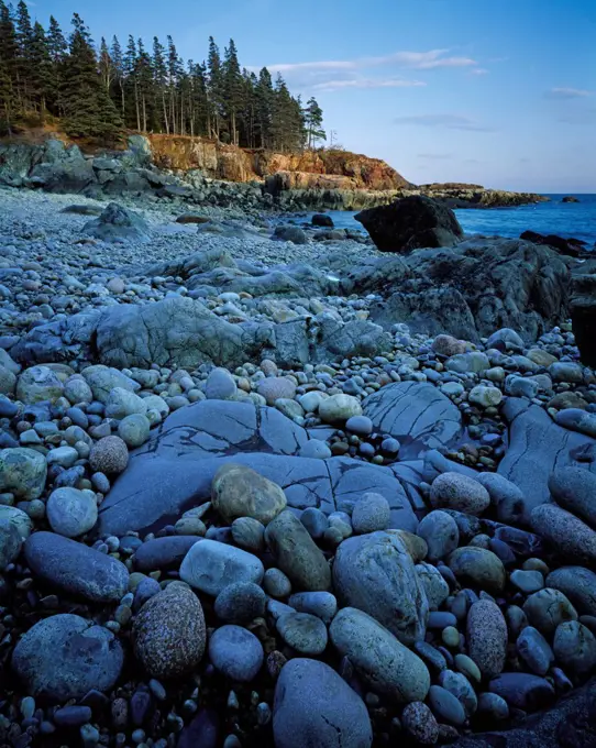 Cobbled shore of Little Hunters Beach, Mount Desert Island, Acadia National Park, Maine.